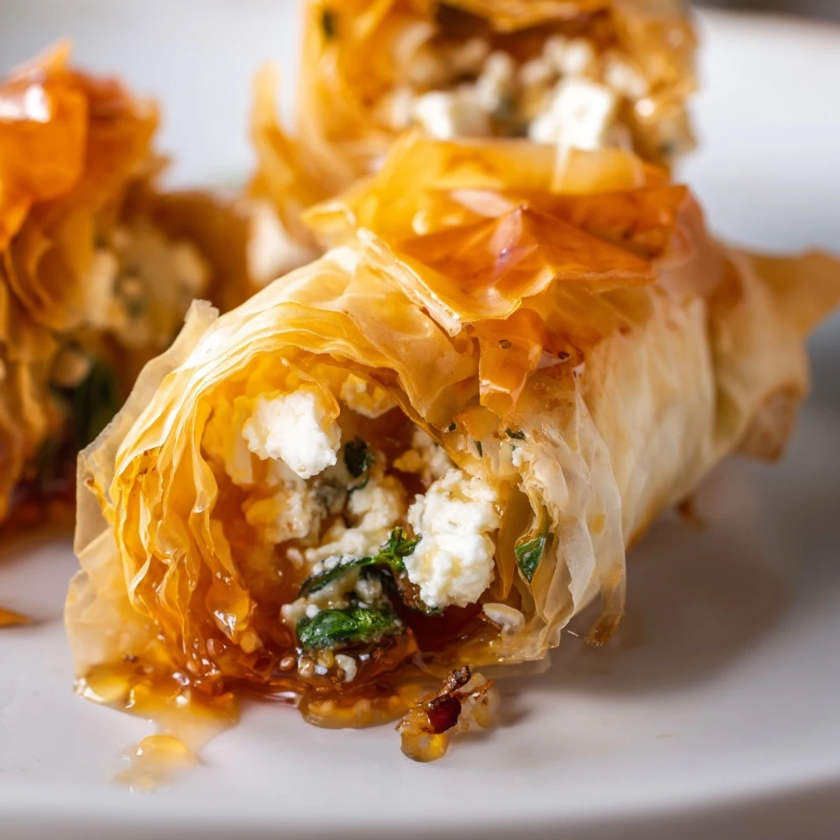 Golden, crispy Oven Fried Feta Rolls With Chili Honey displayed on a rustic wooden platter, ready to serve.