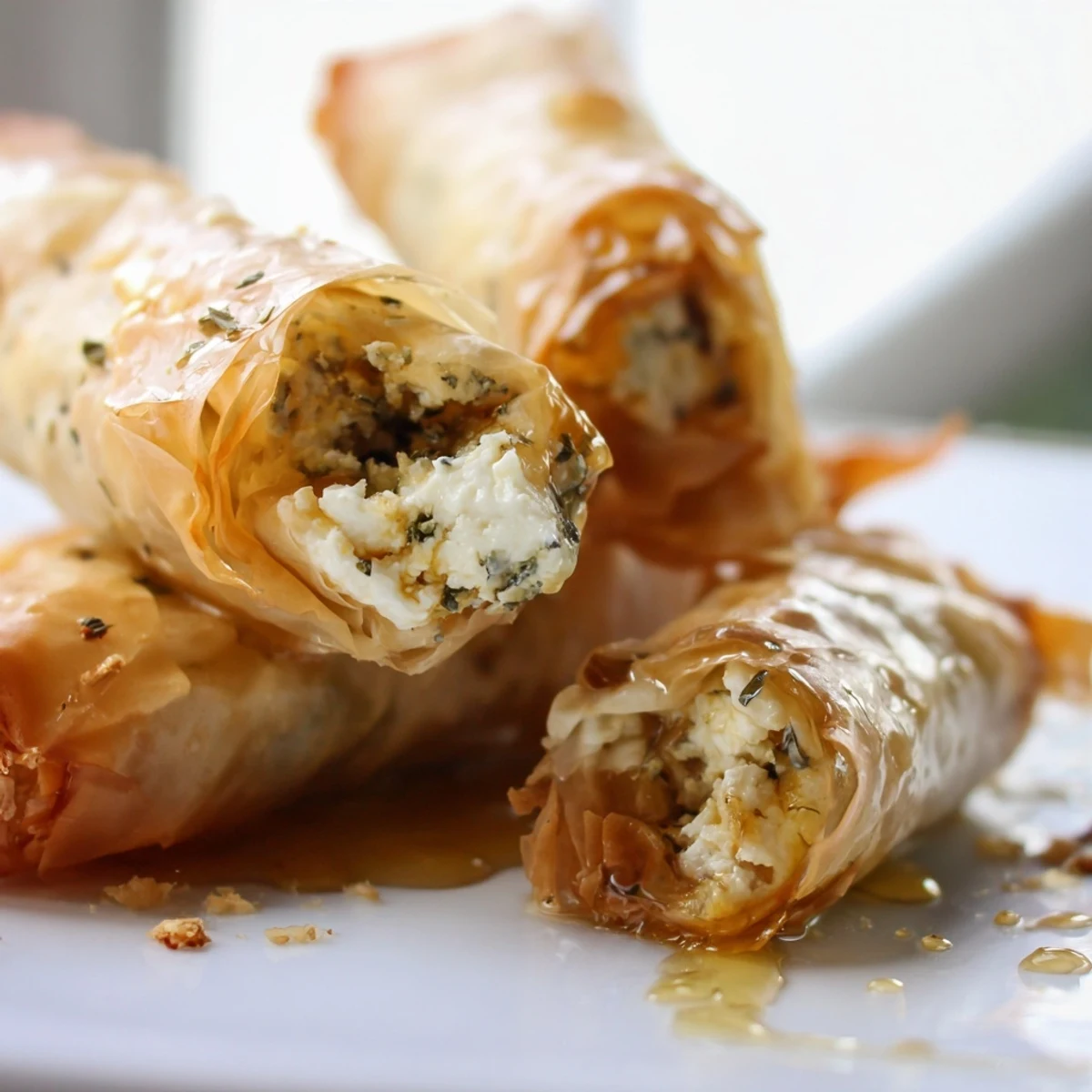 A close-up of Oven Fried Feta Rolls With Chili Honey drizzled with spicy golden honey over herbs.