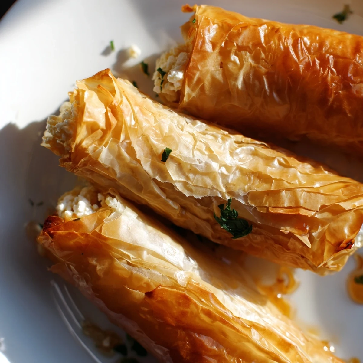 Freshly baked Oven Fried Feta Rolls With Chili Honey arranged on a plate with a light green salad.