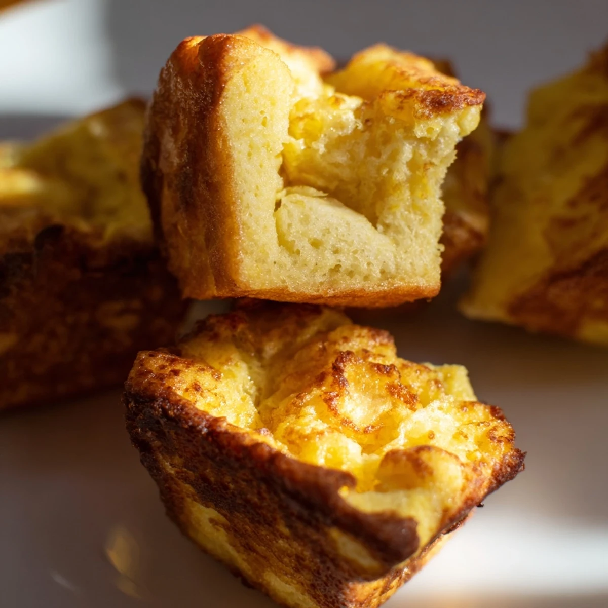 Golden-baked Protein French Toast Muffins, fresh from the oven, with a moist, custardy interior and a lightly crisped top.