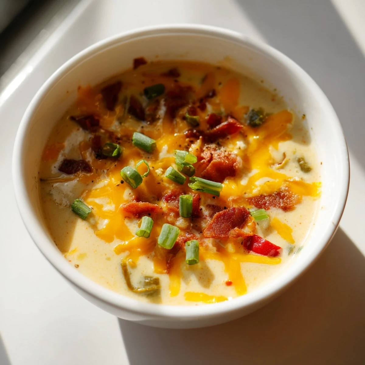 A bowl of Spicy Jalapeño Popper Soup With Grilled Cheese Dippers garnished with green onions and bacon bits.