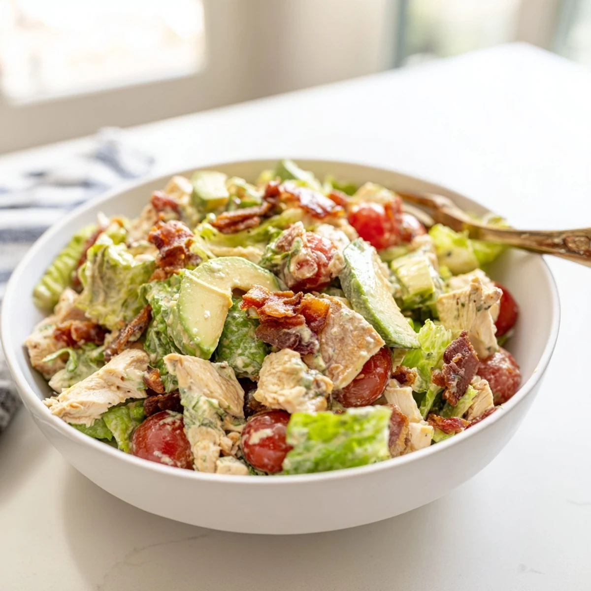 Savory BLT Chicken Salad tossed in a creamy dressing and served in a rustic white bowl with diced avocado.