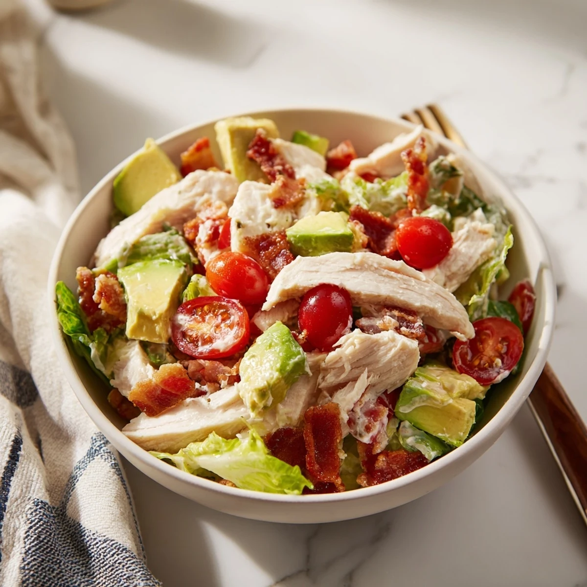 Vibrant BLT Chicken Salad topped with fresh chives, sliced chicken, and halved cherry tomatoes on a wooden cutting board.