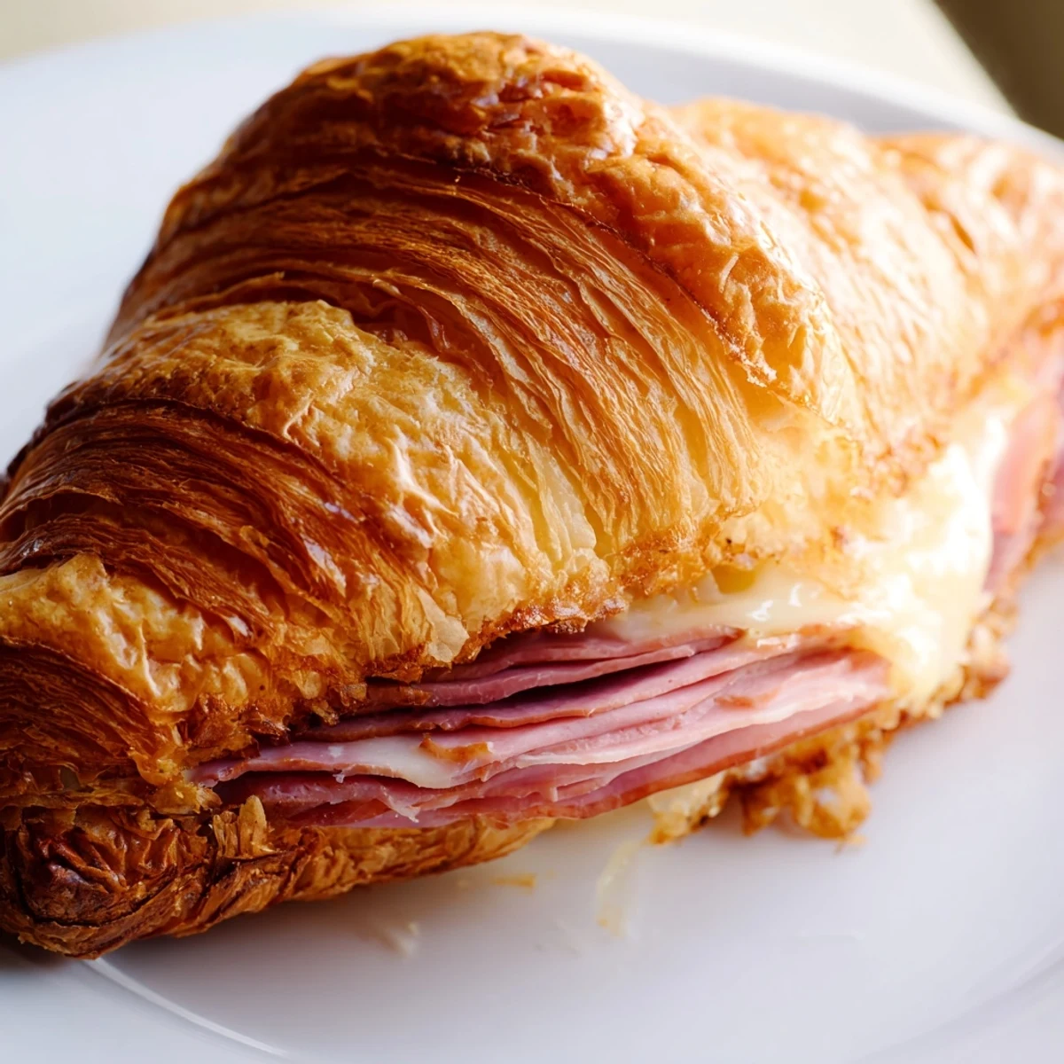 Golden, flaky Easy Air Fryer Beef Ham Cheese Croissants emerge from the air fryer basket with melted cheese visible.