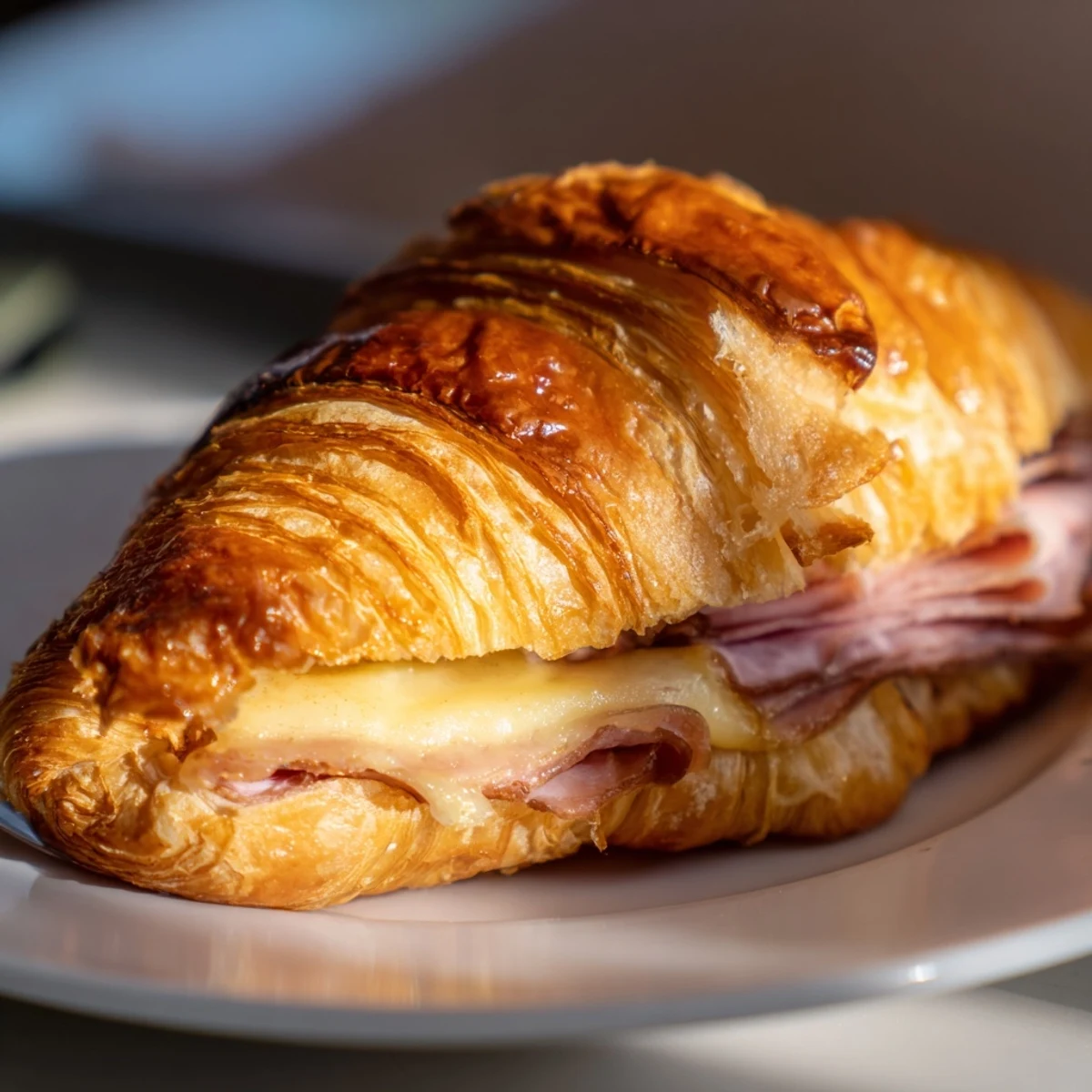 Easy Air Fryer Beef Ham Cheese Croissants sit on a white plate with a side of spicy dipping sauce.