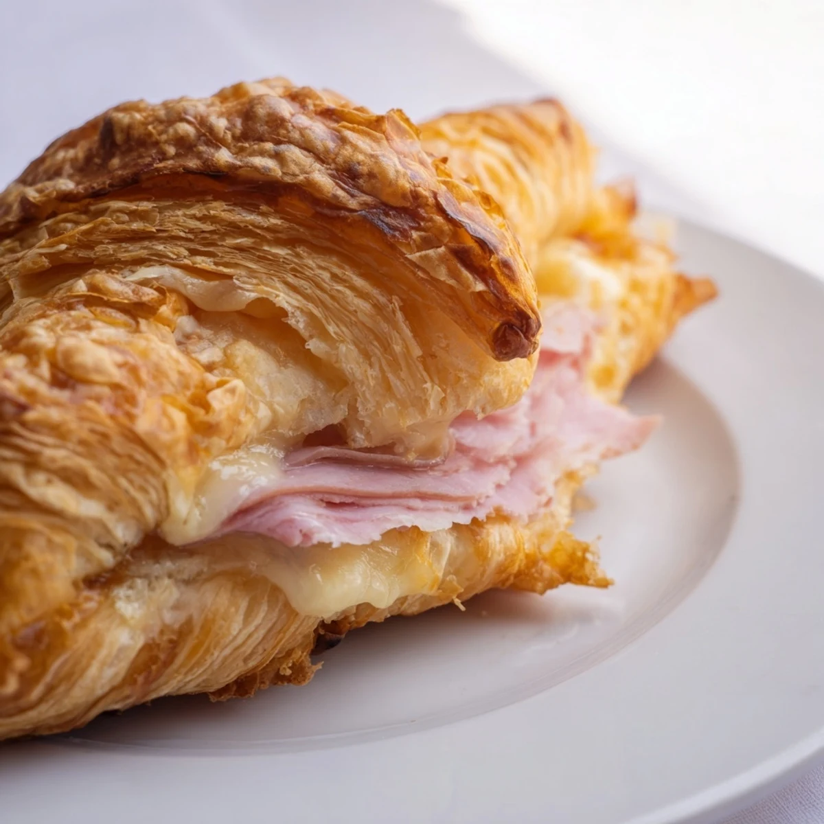 Savory Easy Air Fryer Beef Ham Cheese Croissants are arranged on a rustic wooden board, steam rising from the pastry.