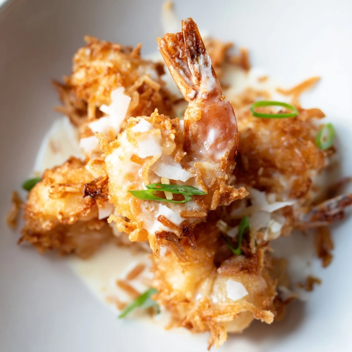 Crispy battered Chinese Coconut Shrimp glistening with creamy white sauce and toasted coconut flakes.