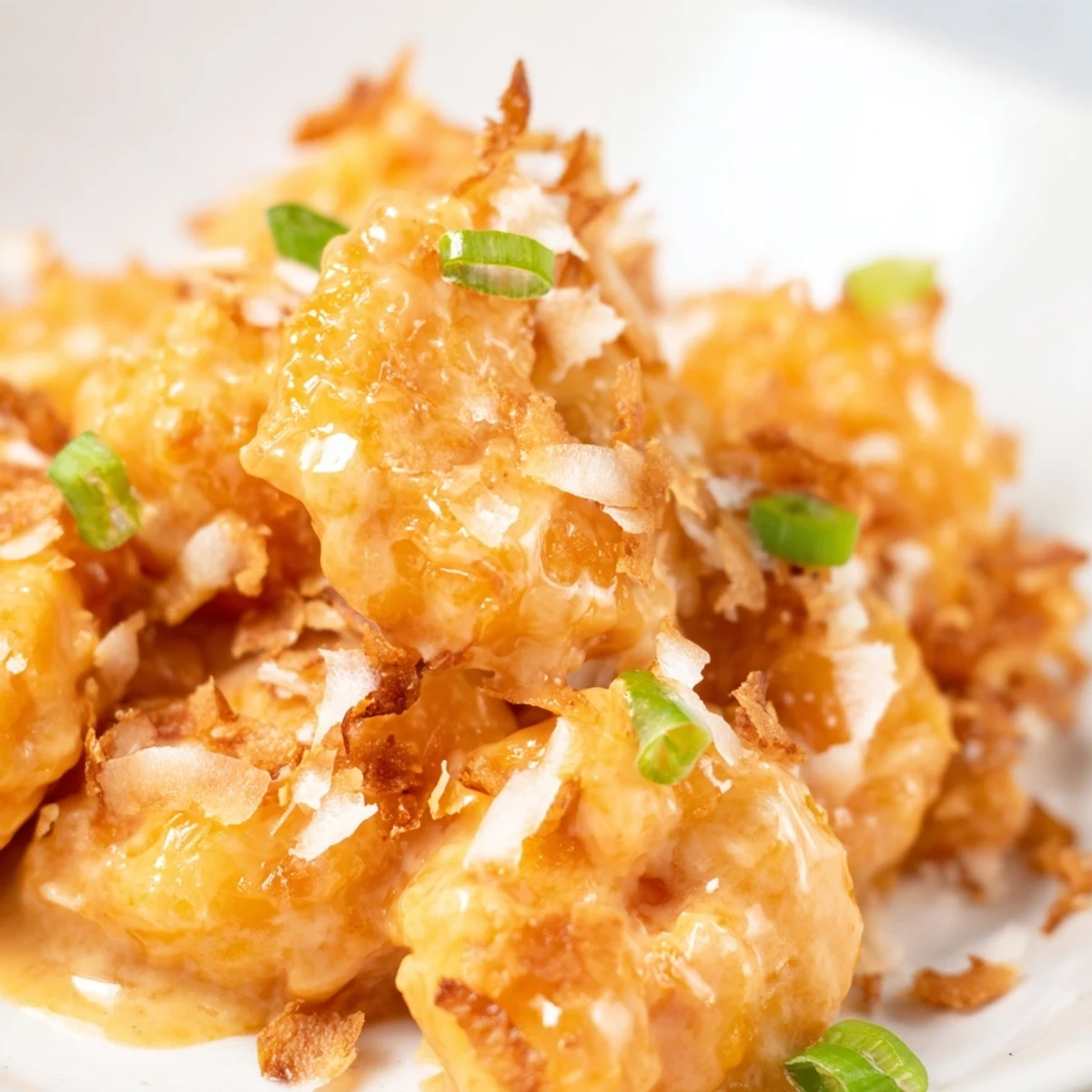 Golden fried Chinese Coconut Shrimp served hot with green onions and a drizzle of coconut sauce.