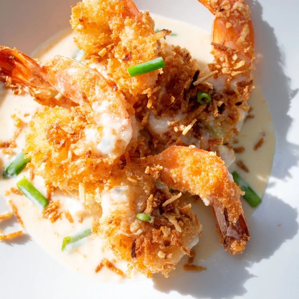 A close-up of Chinese Coconut Shrimp on a plate with jasmine rice and lemon wedges.
