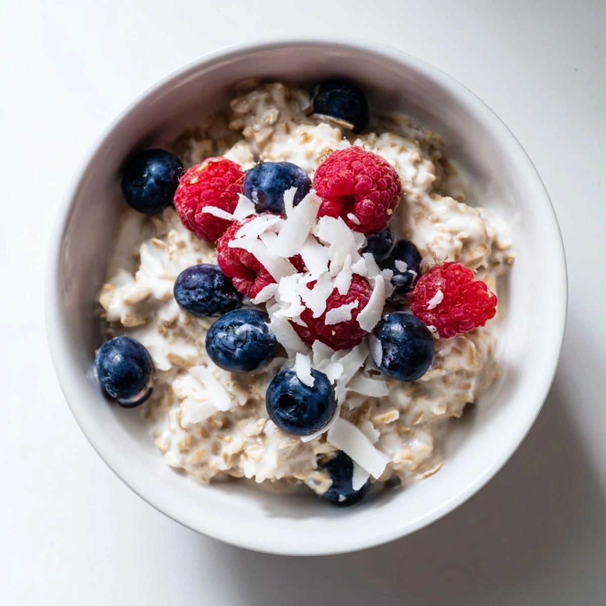 A bowl of Tasty Coconut Cream Oats, topped with fresh berries and toasted coconut flakes on a rustic table.