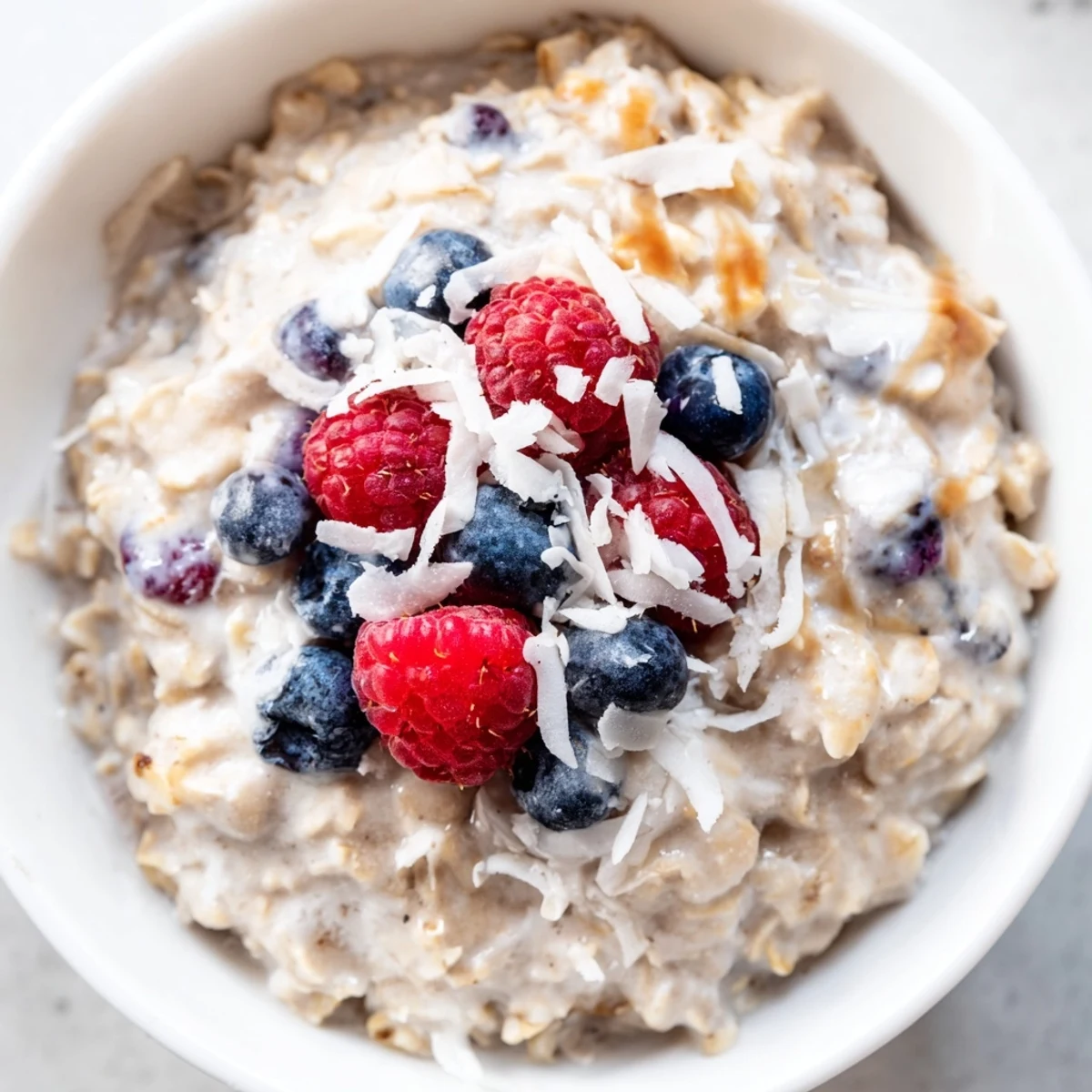 Warm Tasty Coconut Cream Oats are served in a ceramic bowl, garnished with shredded coconut and maple syrup drizzle.