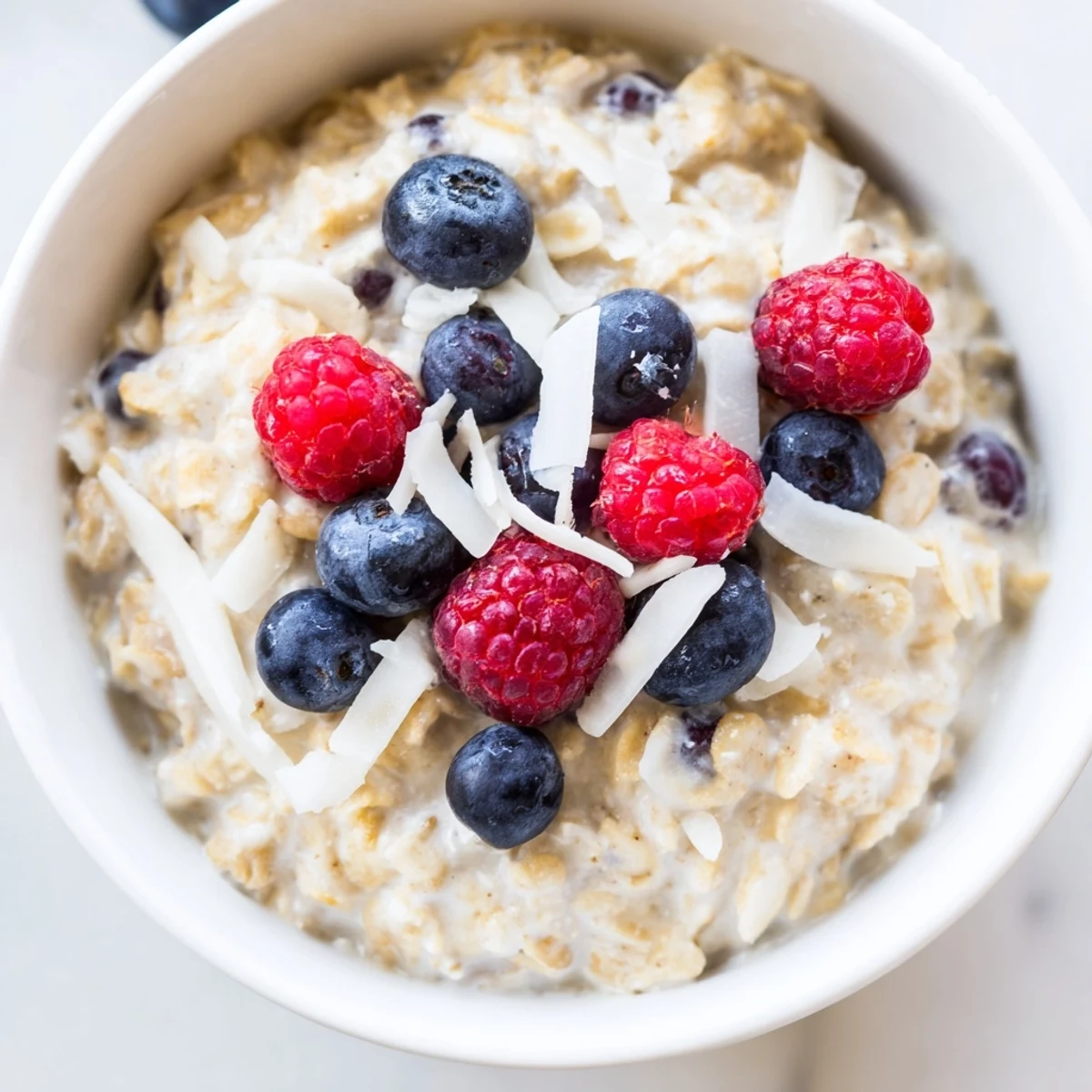 Close-up of Tasty Coconut Cream Oats, showing creamy texture and vibrant berries for a nourishing breakfast idea.