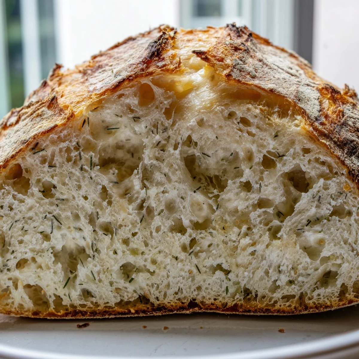 The finished No Knead Dill Gouda Artisan Bread loaf with a golden crust and green flecks.  