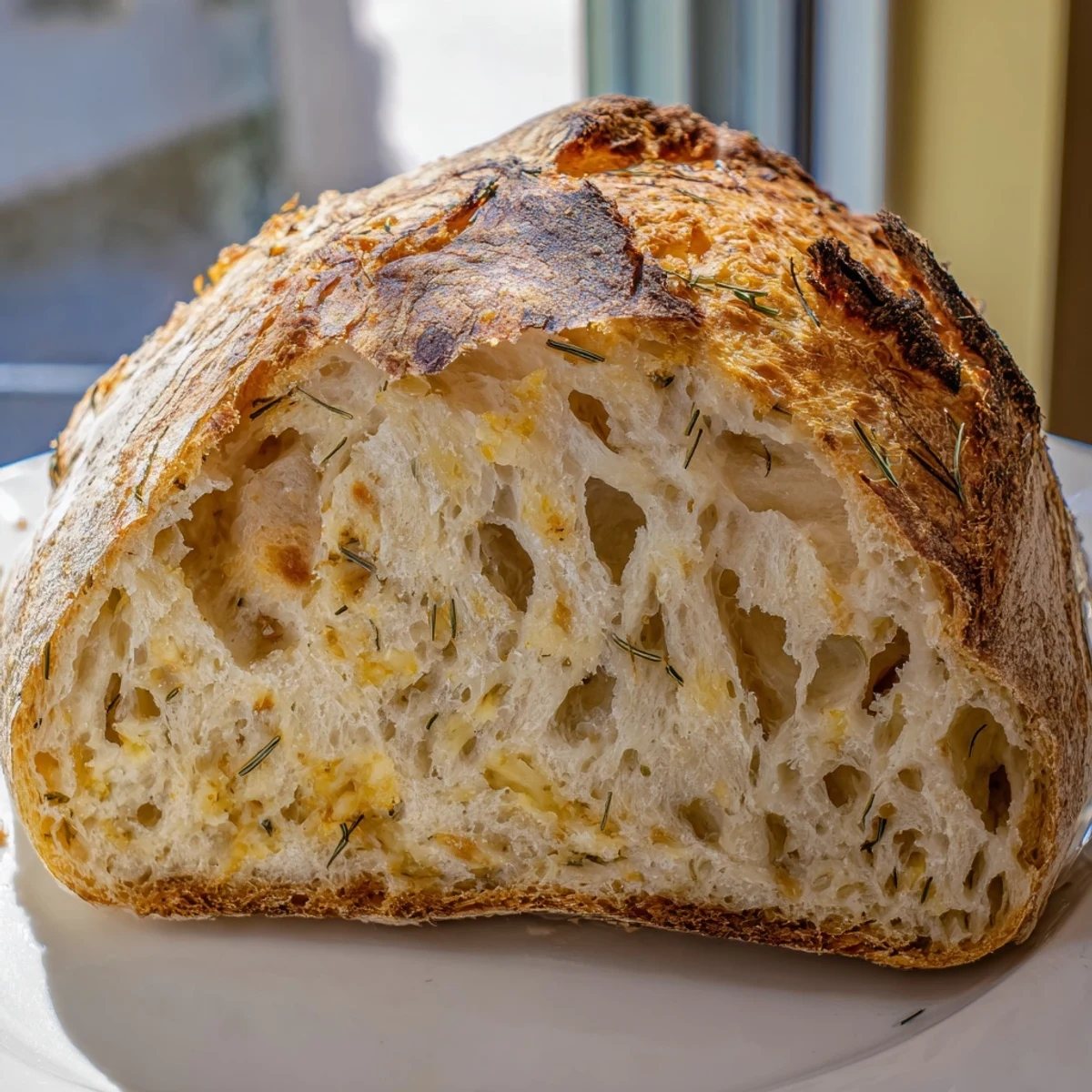 A close-up view of a rustic No Knead Dill Gouda Artisan Bread slice showing its soft interior.  