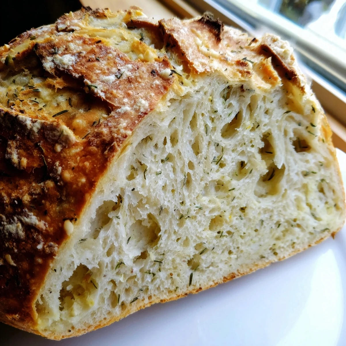 Warm No Knead Dill Gouda Artisan Bread resting on a cooling rack with steam rising.
