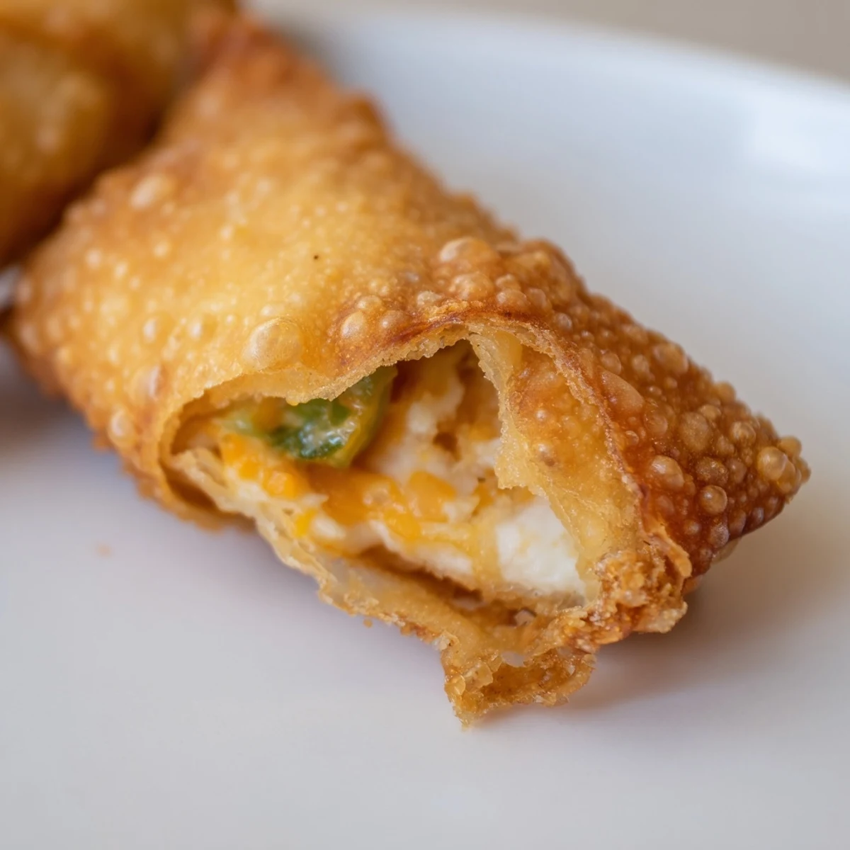 Steam rises from the fried Mini Jalapeño Popper Egg Rolls as they sit beside fresh jalapeño slices on a rustic board.