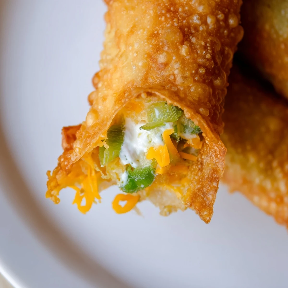 The filling oozes from a broken Mini Jalapeño Popper Egg Roll, highlighting the creamy cheddar and spicy peppers inside.