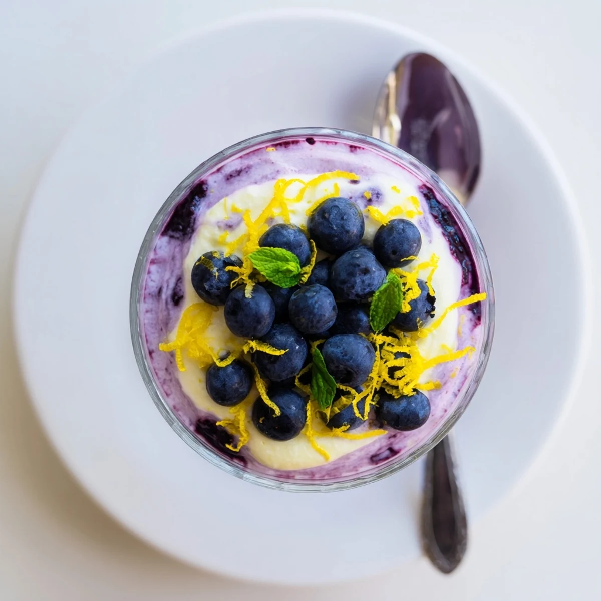 Four glasses of layered Lemon Blueberry Mousse topped with fresh berries and mint.