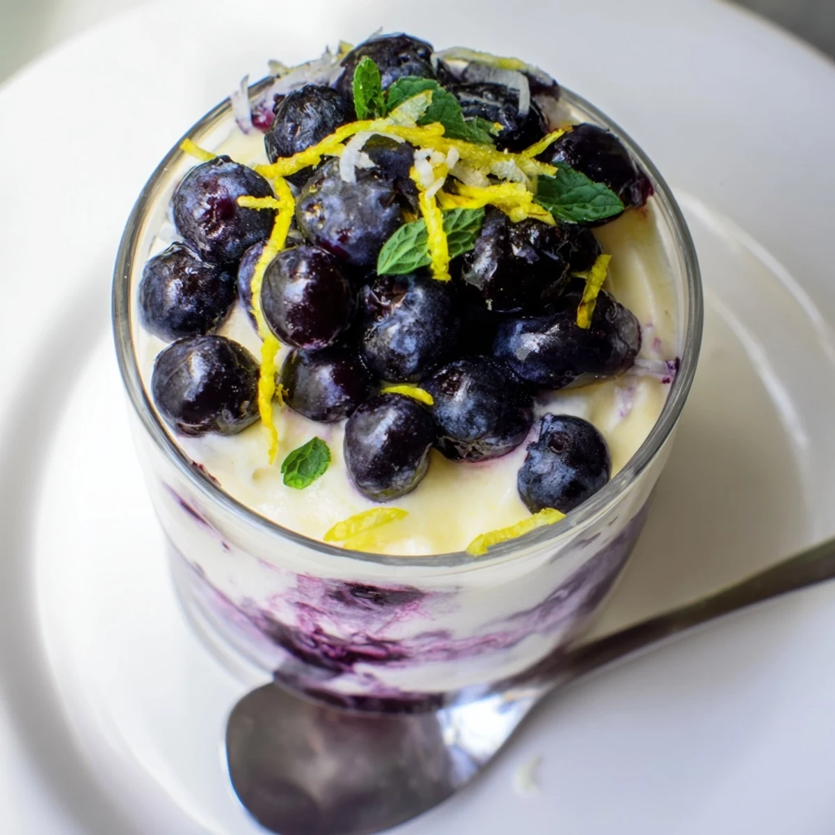 Delicate Lemon Blueberry Mousse in elegant serving glasses, garnished with lemon zest and blueberries.