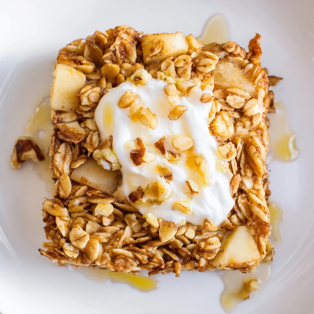 Golden-brown squares of Baked Apple Oatmeal With Greek Yogurt topped with a creamy dollop and toasted walnuts.