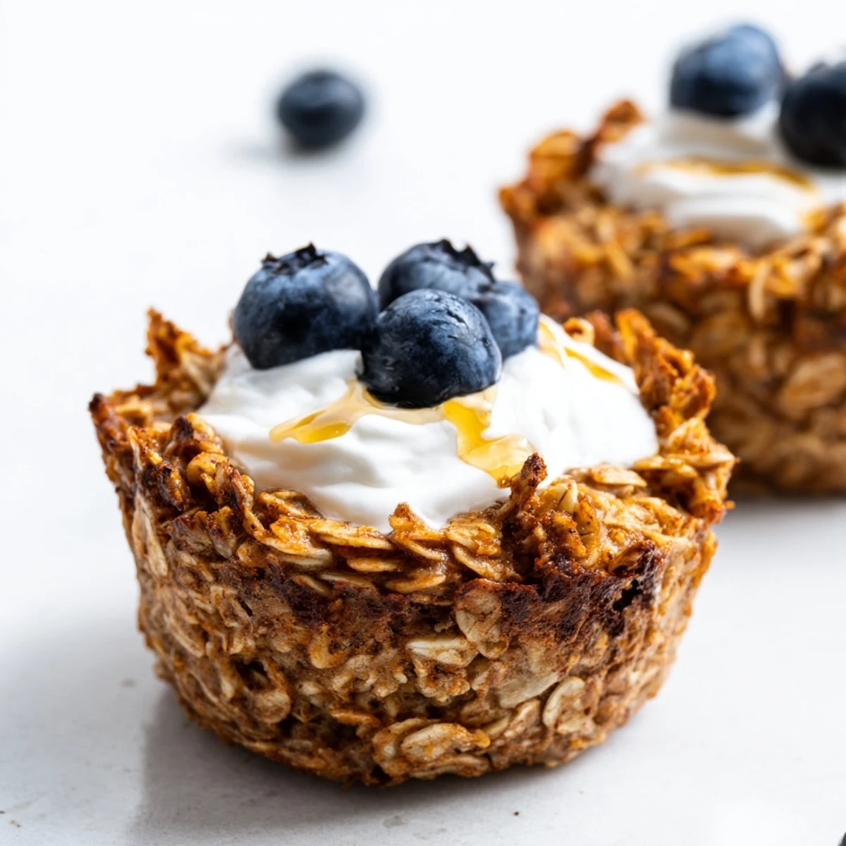 Golden-baked oatmeal cups with creamy Greek yogurt topping, fresh berries, and a drizzle of honey on a wooden board.
