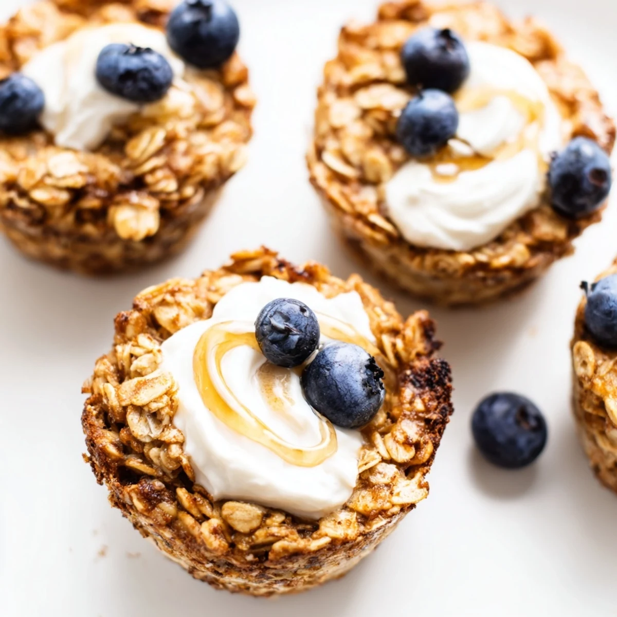 Golden-baked oatmeal cups with creamy Greek yogurt topping, fresh berries, and a drizzle of honey on a wooden board.