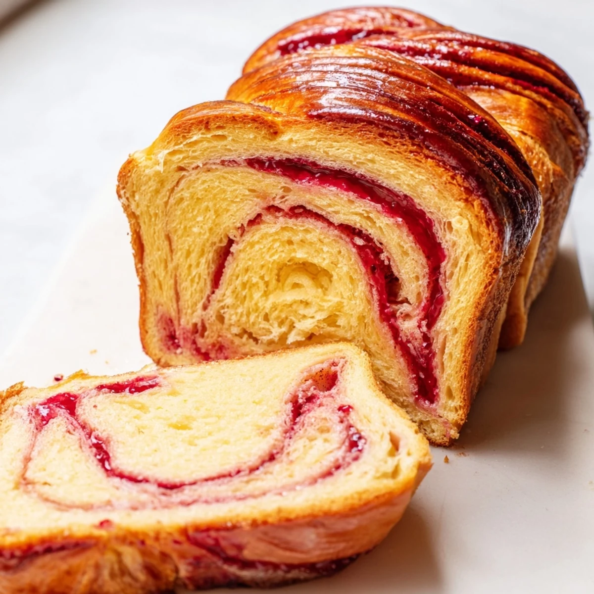 A freshly baked Raspberry Swirl Brioche Loaf with jammy red ribbons and a golden crust on a marble counter.