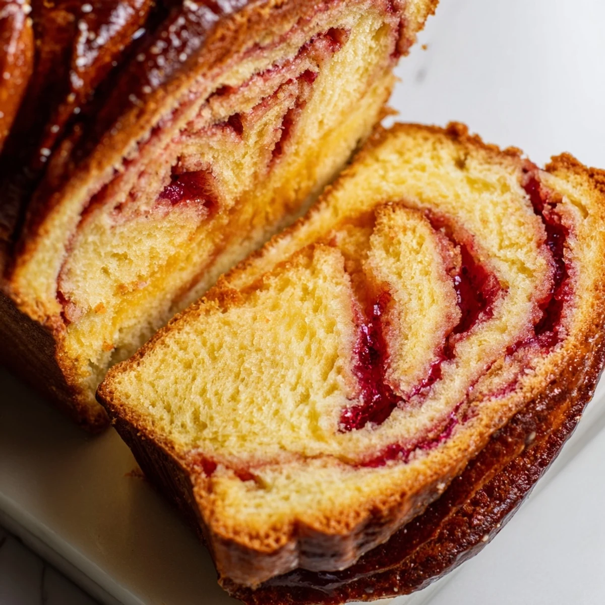 Golden Raspberry Swirl Brioche Loaf cooling on a wire rack after baking in a loaf pan.