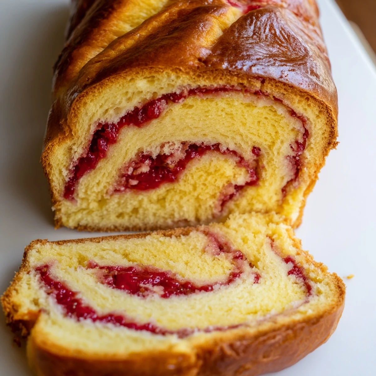 Slices of homemade Raspberry Swirl Brioche Loaf with soft interior crumb and fresh raspberry garnish for a breakfast treat.
