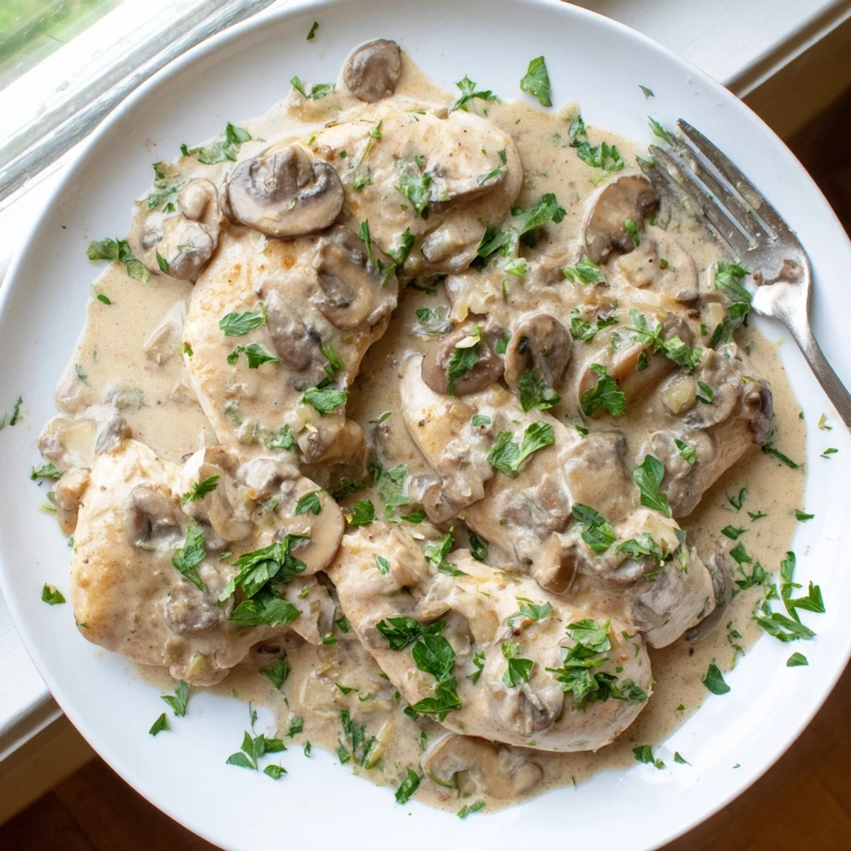 Golden-brown seared chicken breasts in a rich Mushroom Asiago Chicken sauce, garnished with fresh parsley.
