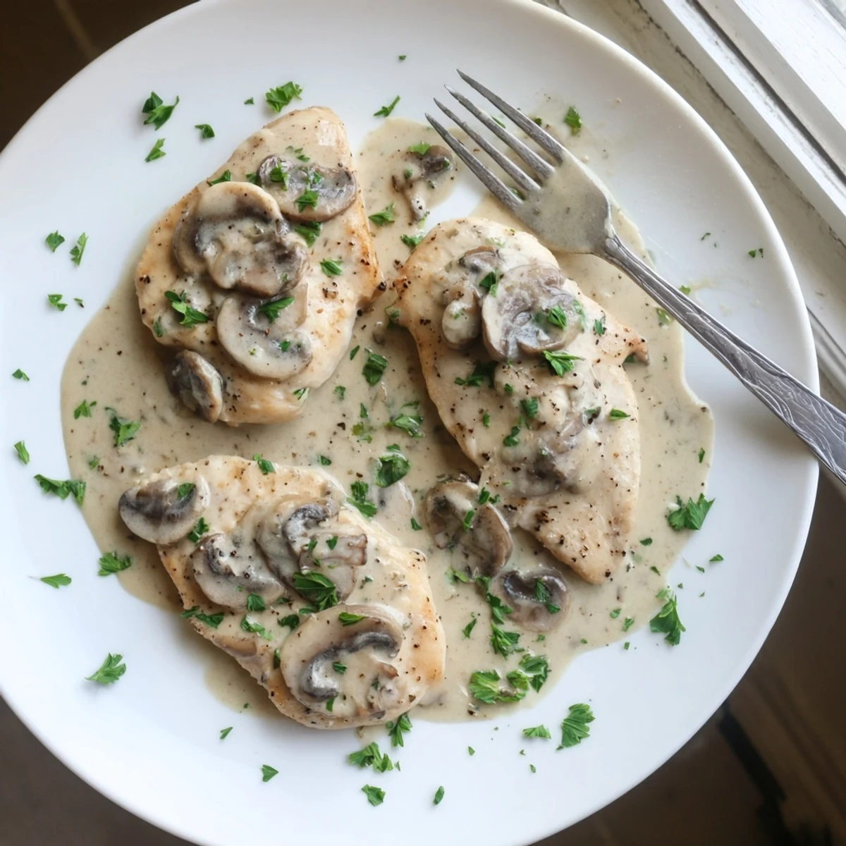 A close-up of tender chicken covered in creamy Mushroom Asiago Chicken with sautéed mushrooms on a dinner plate.