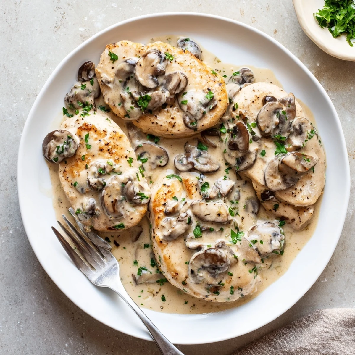Plated Mushroom Asiago Chicken served with steamed vegetables and mashed potatoes, ready for a comforting family meal.