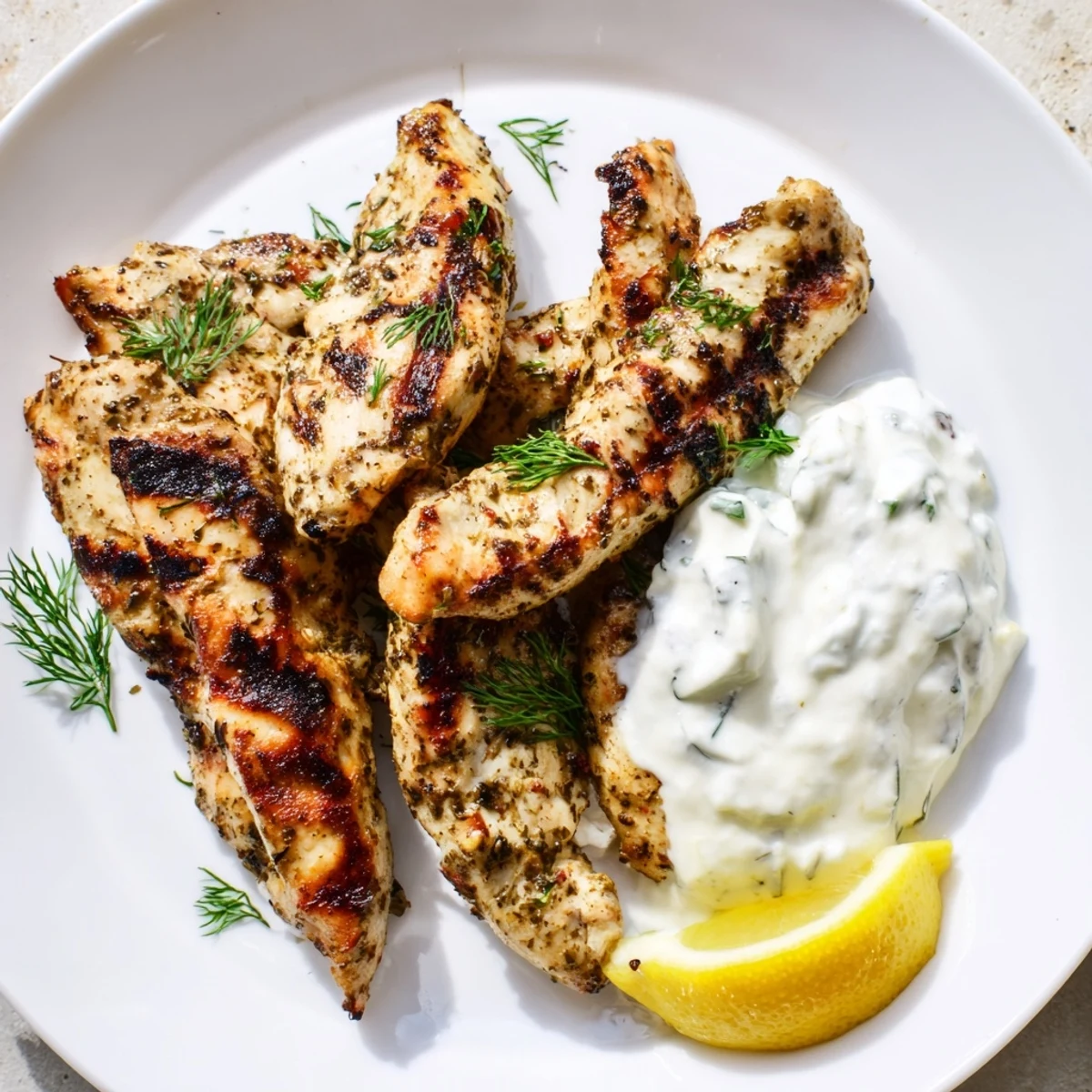 Juicy Delicious Greek Chicken Tenders served alongside a refreshing cucumber yogurt sauce and a sprinkle of chopped dill.