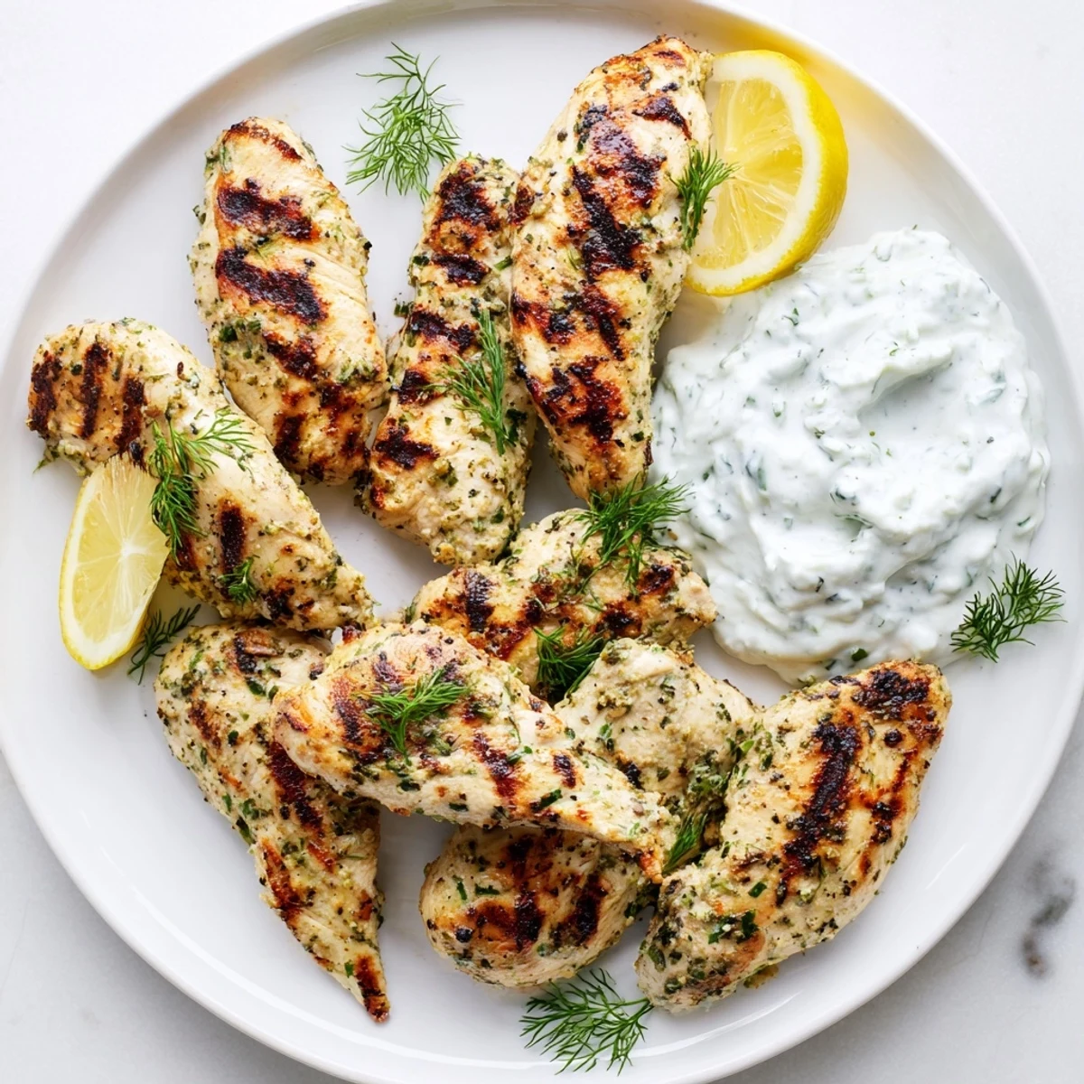 Grilled Delicious Greek Chicken Tenders arranged on a platter with fresh lemon wedges and a creamy yogurt dipping sauce.