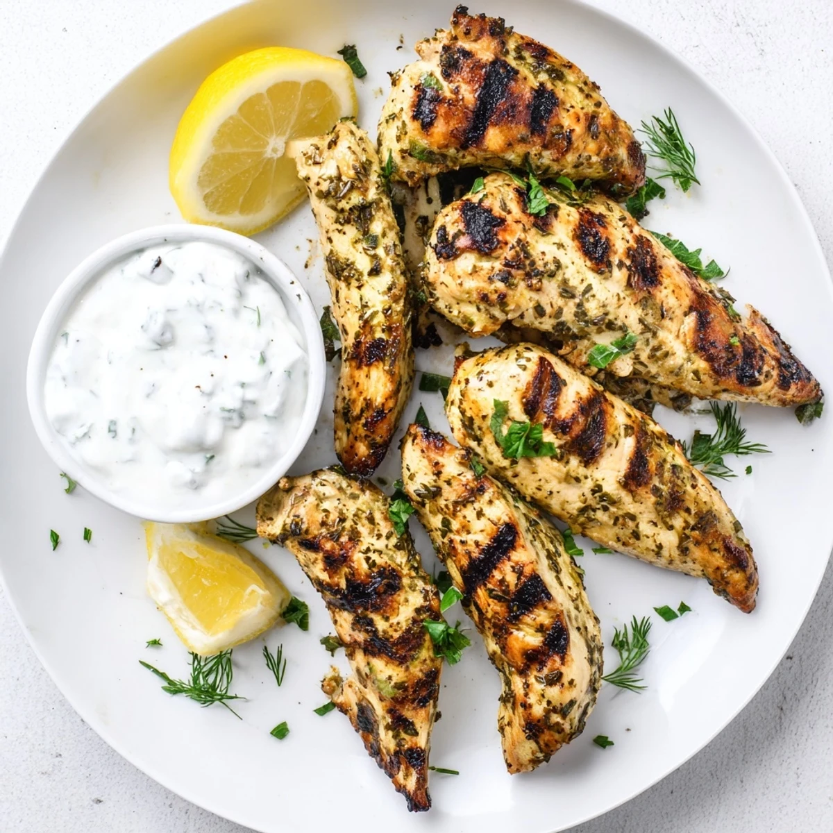 Close-up view of perfectly charred Delicious Greek Chicken Tenders resting on a serving dish with vibrant lemon wedges.