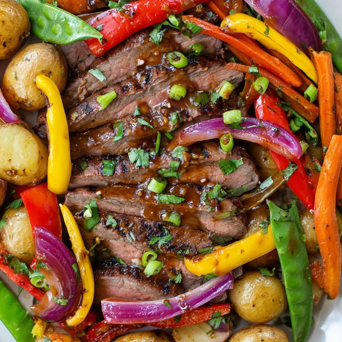 Golden beef strips, crisp bell peppers, and tender potatoes sizzling on a Blackstone griddle, prepared for the Cowboy Stir Fry Dinner.