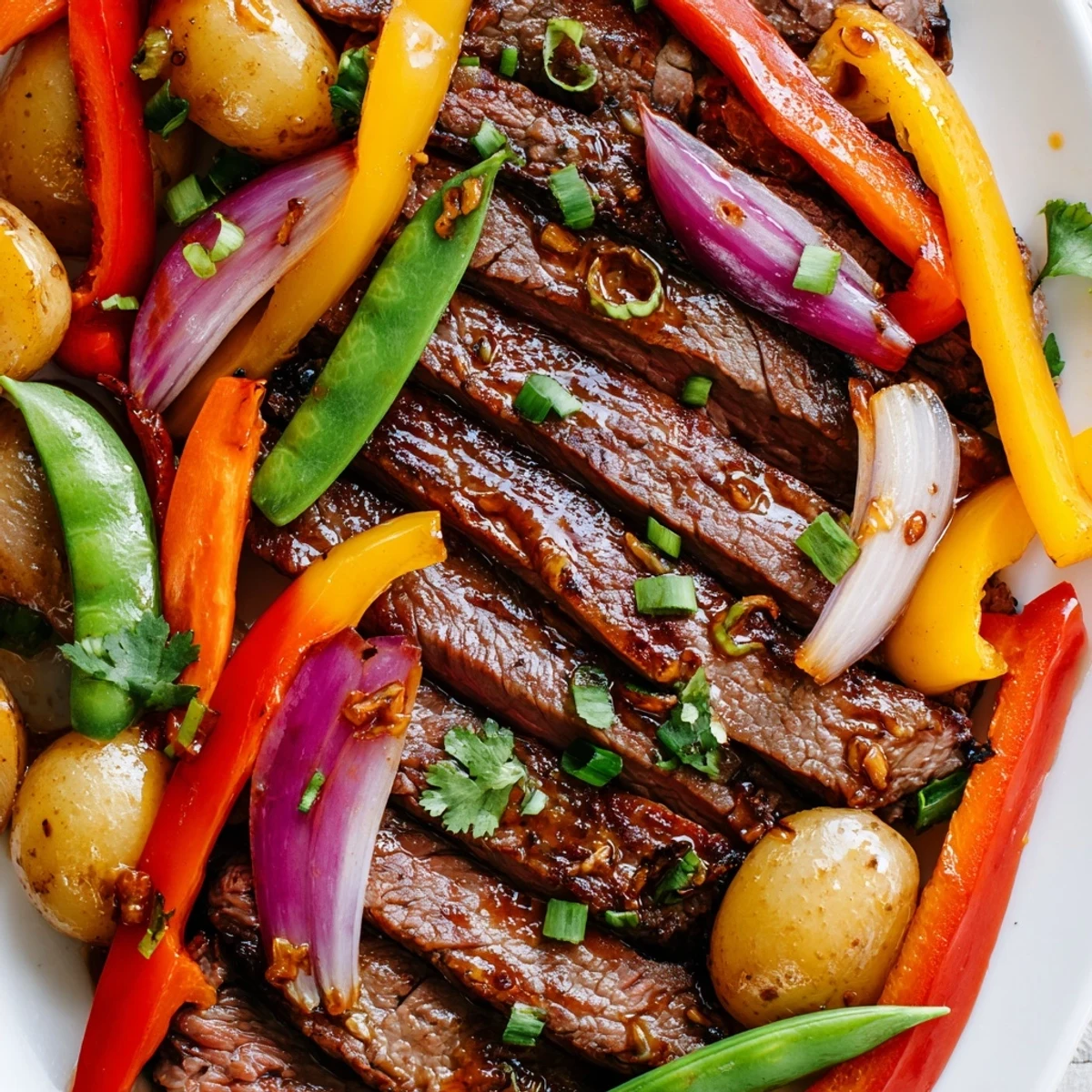 Sizzling flank steak and caramelized onions on a flat-top grill, served as a flavorful Blackstone Cowboy Stir Fry Dinner.