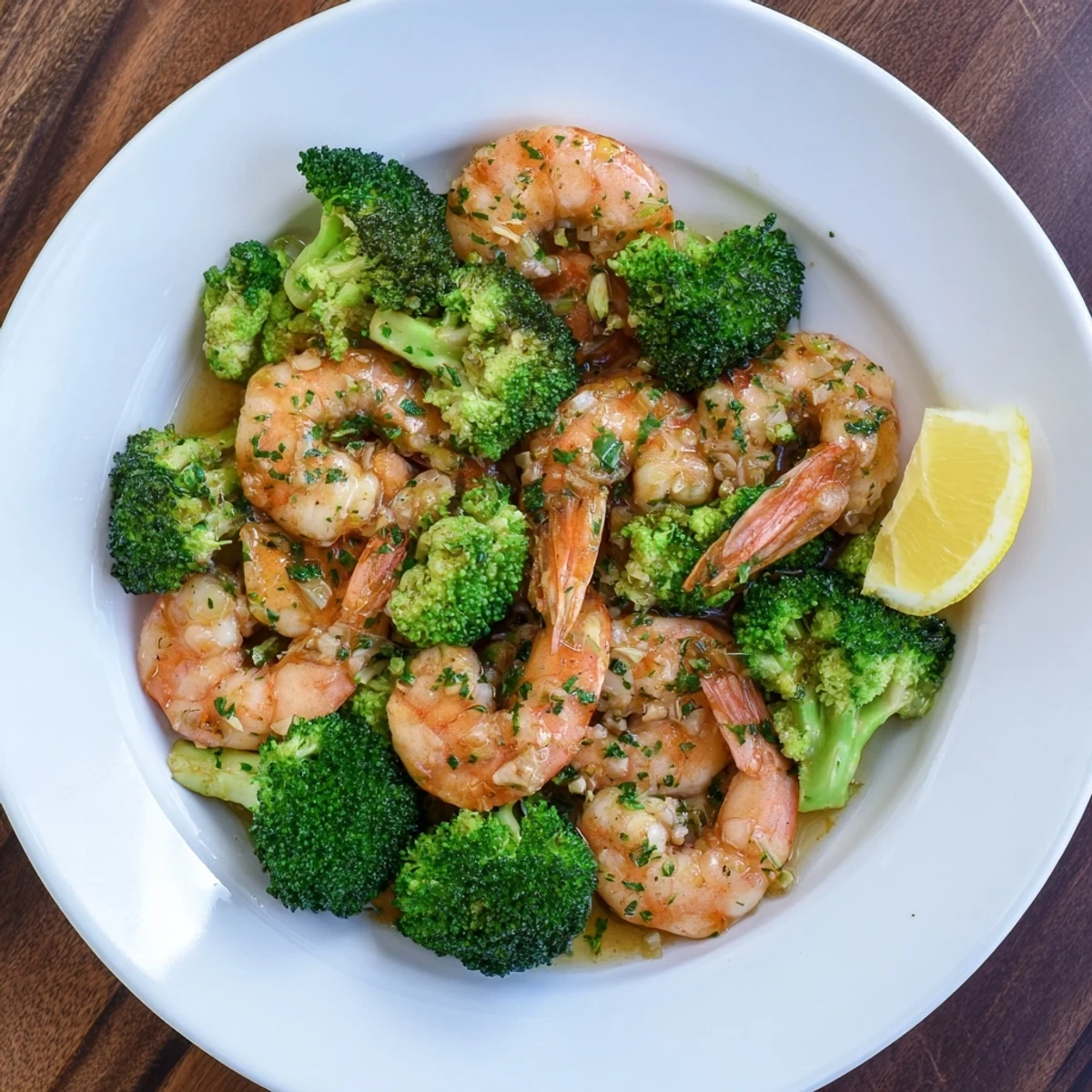 Close-up of juicy shrimp and tender broccoli florets tossed in a savory honey garlic butter glaze, with fresh parsley garnish and lemon wedges on the side.