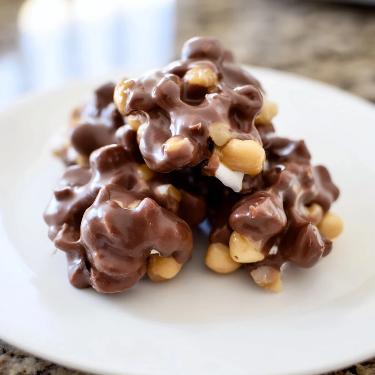 Four clusters of Peanut Marshmallow Clusters sit on parchment, showing glossy chocolate and crunchy peanuts.