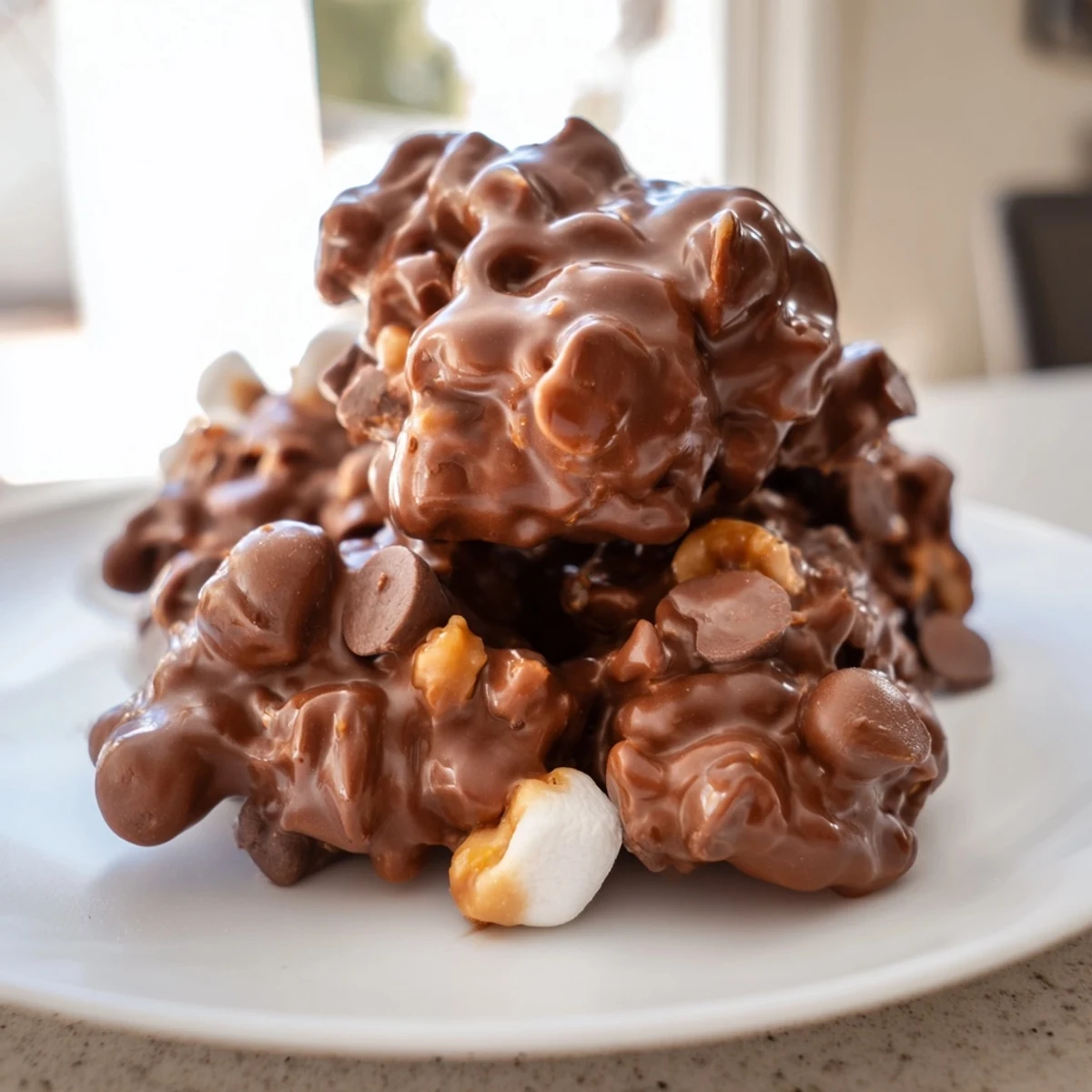 A close view of Peanut Marshmallow Clusters with marshmallows peeking through melted chocolate and salty peanuts.