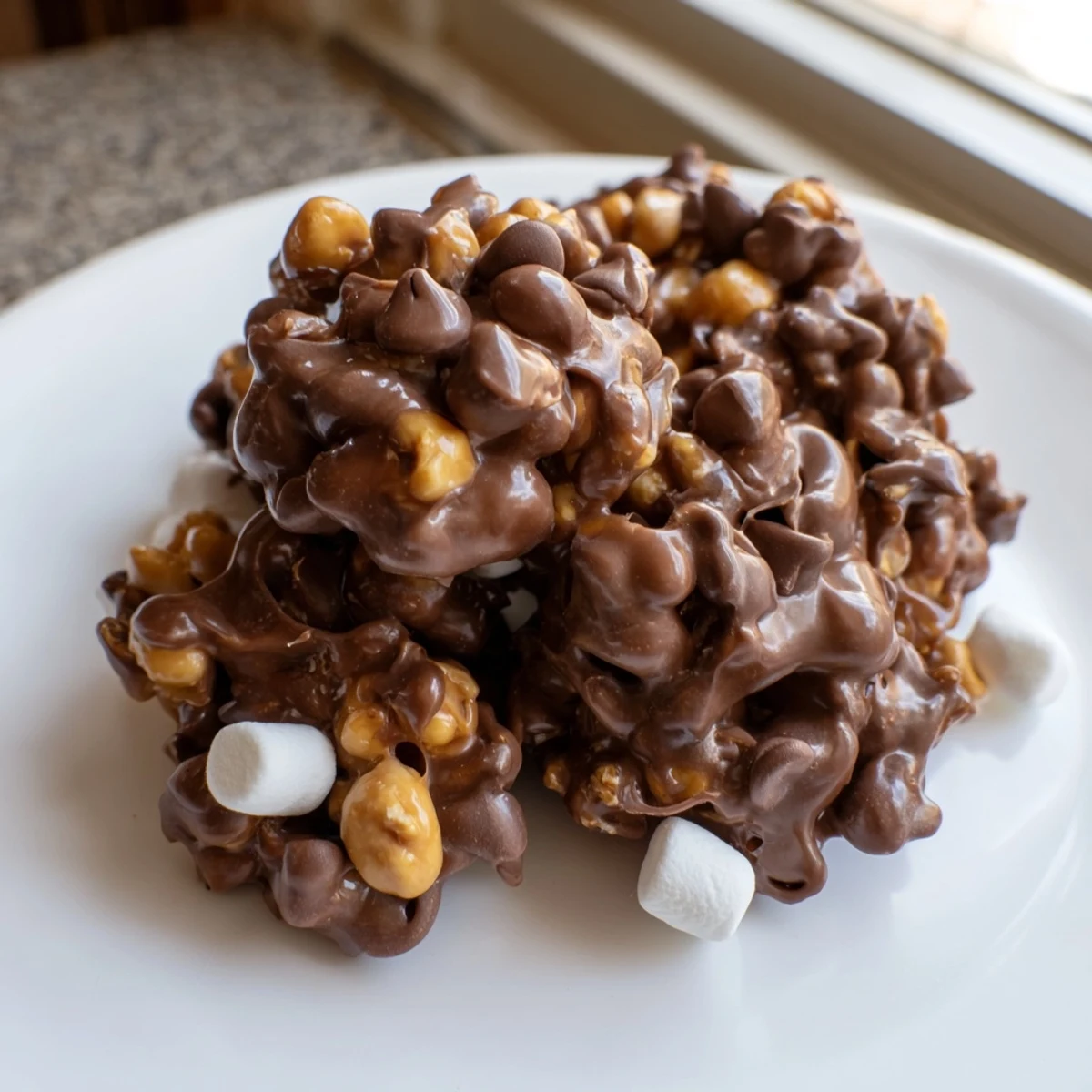 Overhead shot of Peanut Marshmallow Clusters arranged on a tray, perfect for gifting or after-dinner snacking.
