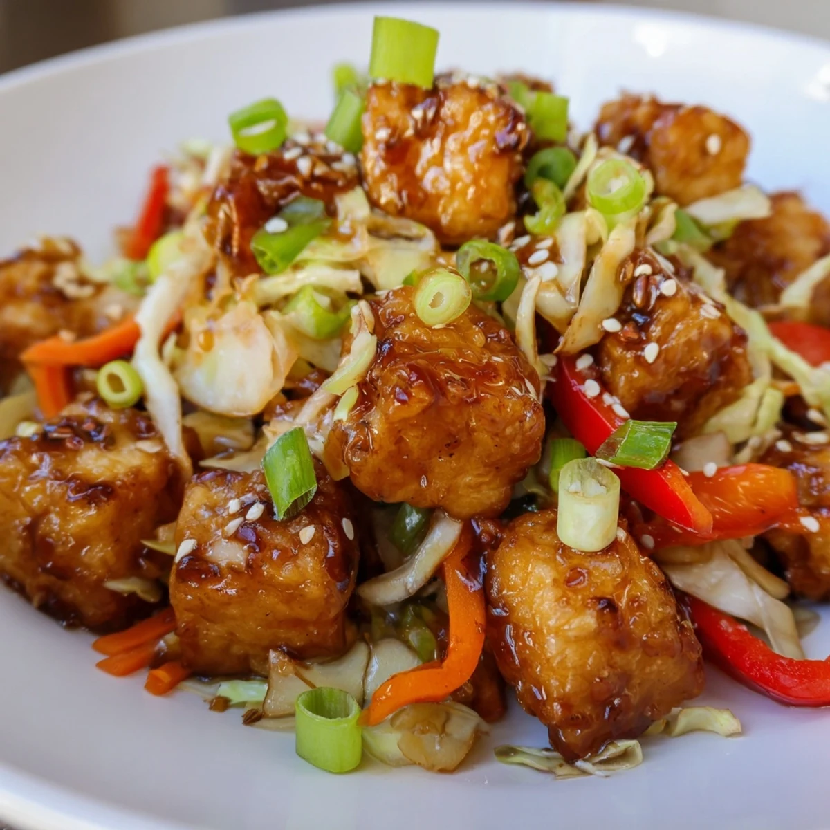 A close-up view of Stir Fried Tofu and Cabbage showcasing tender vegetables and aromatic ingredients in a skillet.
