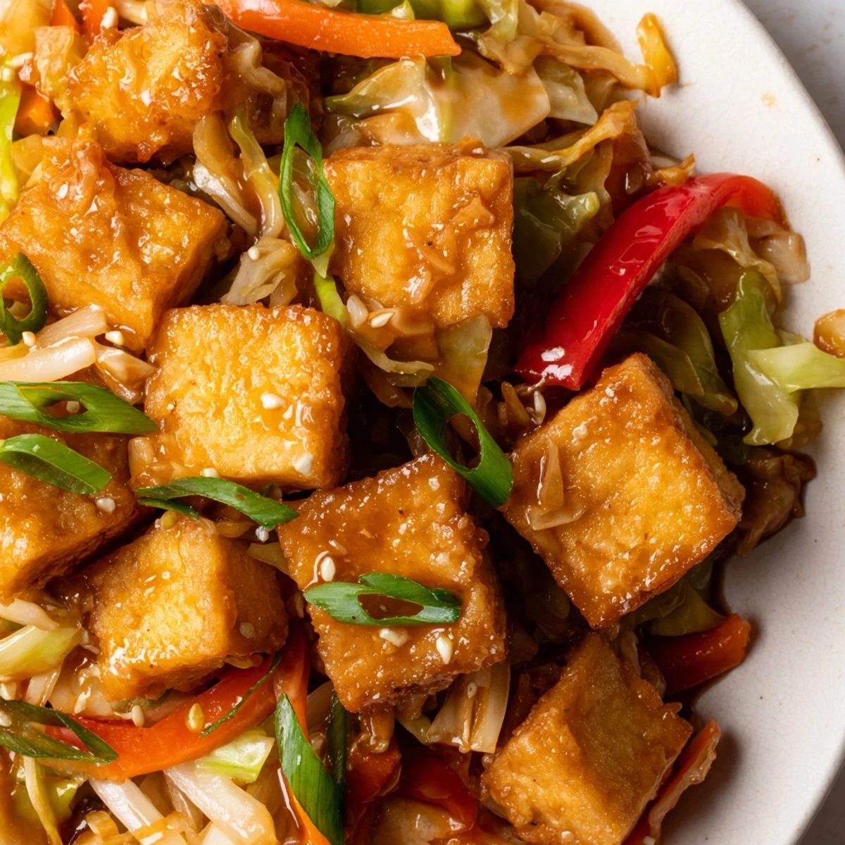 Golden, crispy tofu cubes and vibrant green cabbage florets glistening in a savory garlic-ginger sauce, served hot.