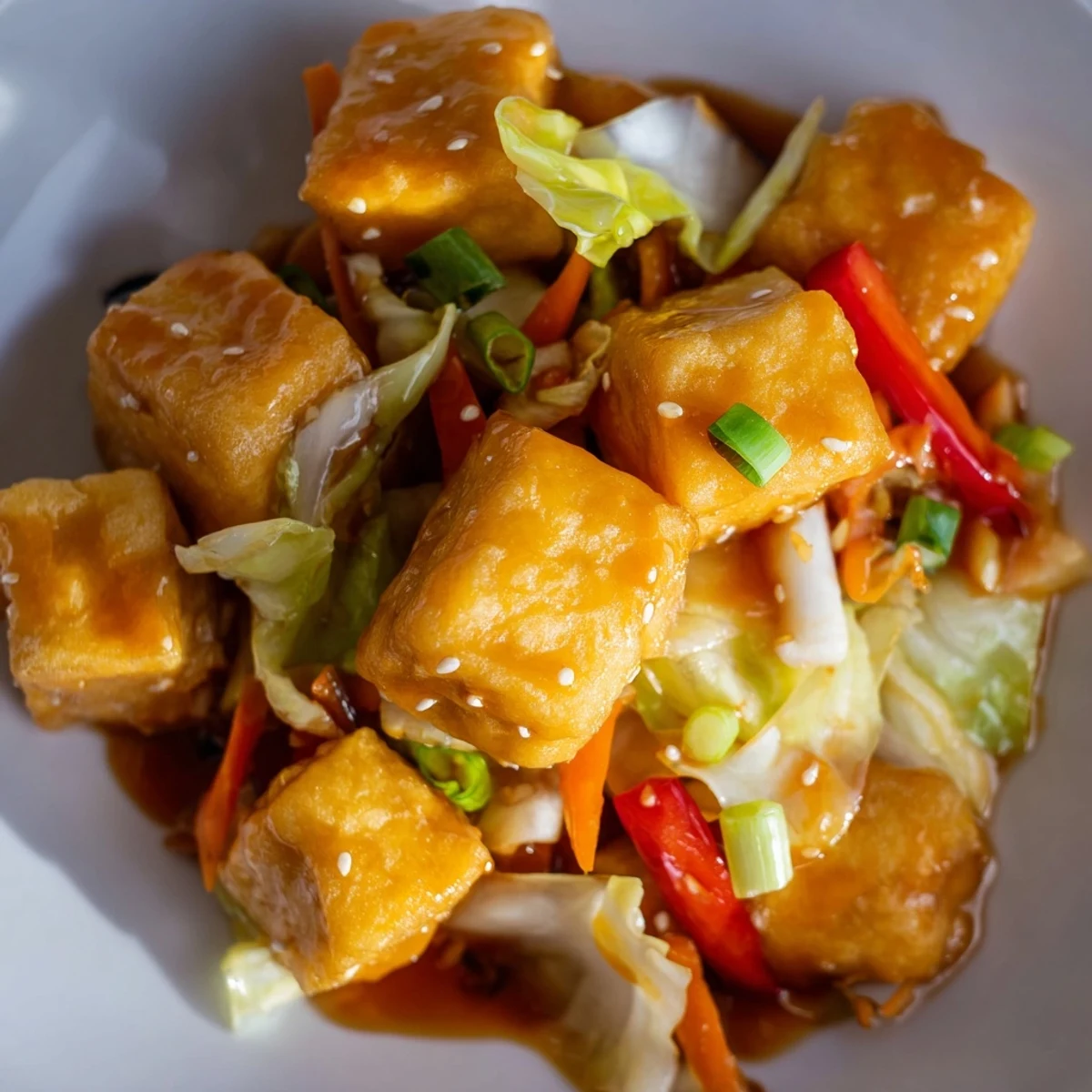 Overhead shot of Stir Fried Tofu and Cabbage ready to eat, garnished with green onions and sesame seeds.