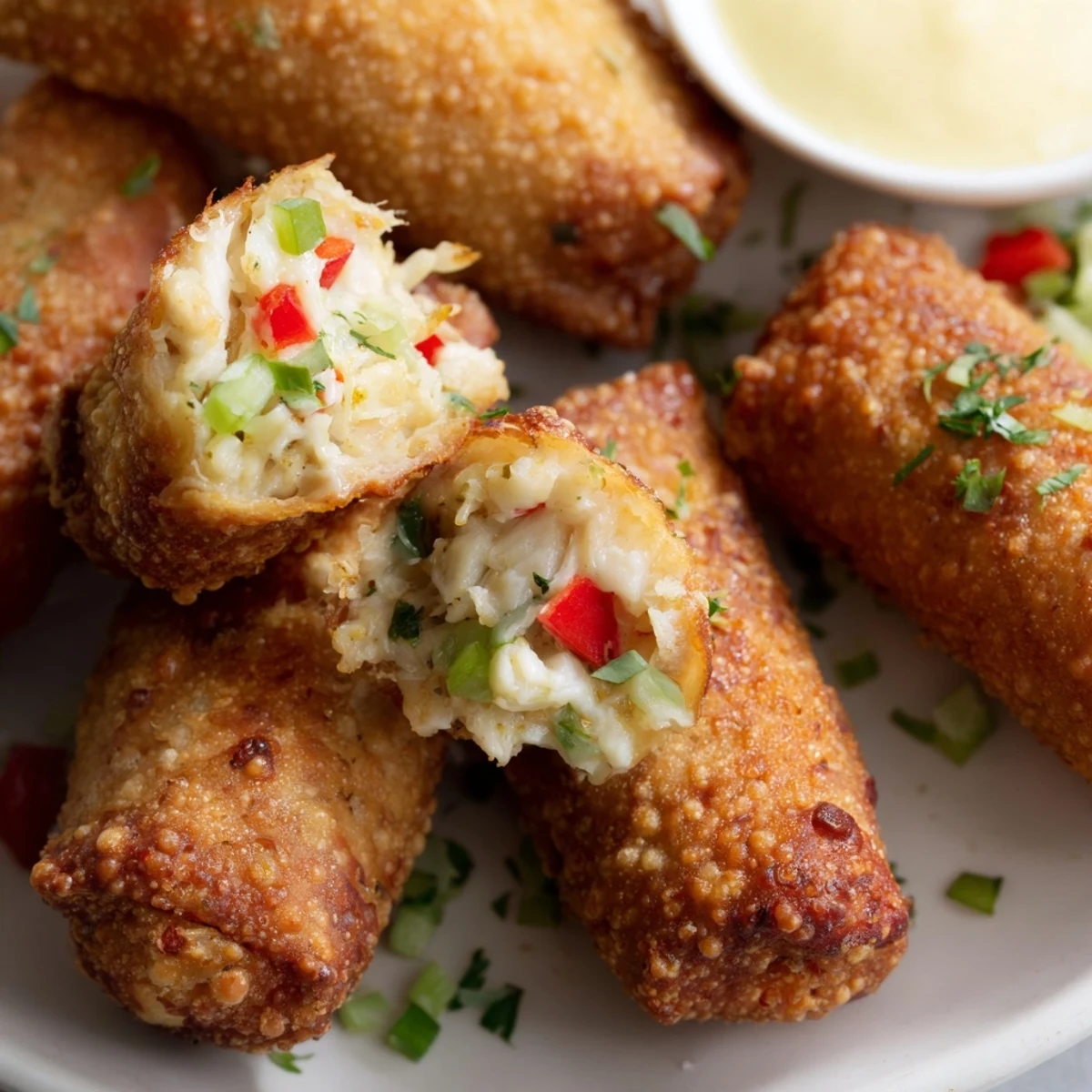 Crispy golden Crab Cake Egg Rolls filled with lump crab meat and fresh herbs, served with a zesty lemon dipping sauce.