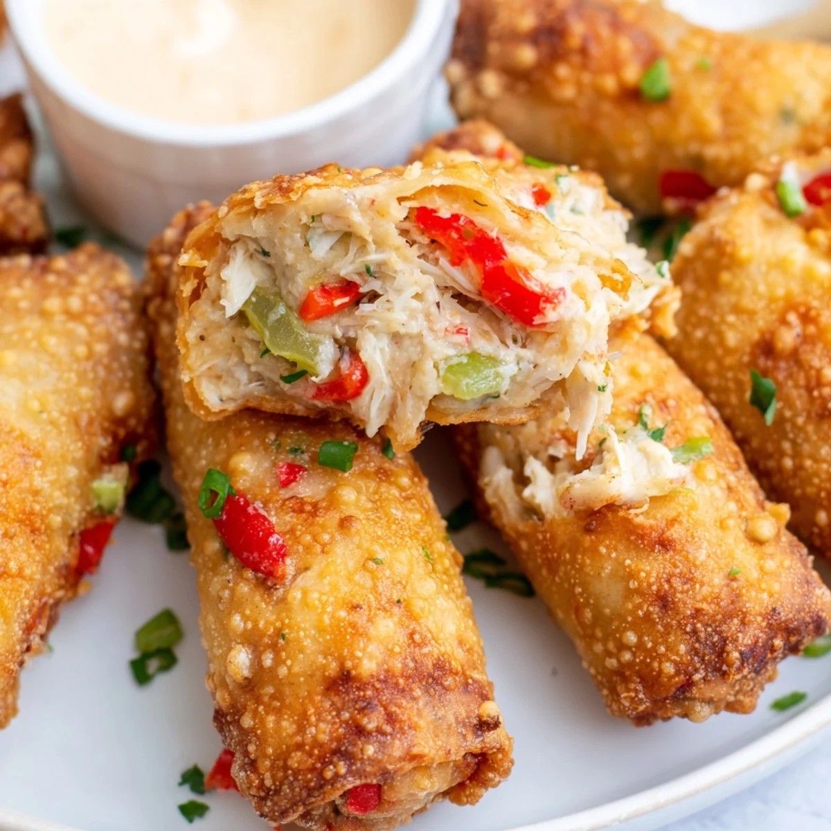 A close-up of golden brown Crab Cake Egg rolls with a creamy dipping sauce on a rustic plate for a party appetizer.