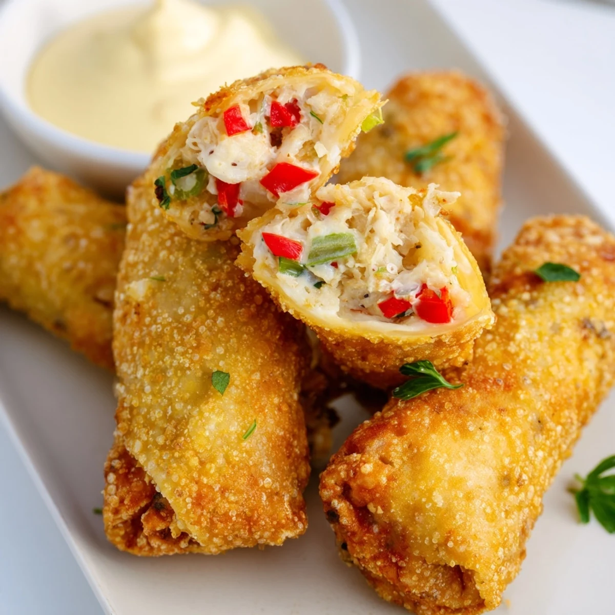 Freshly fried Crab Cake Egg rolls arranged on a white plate with visible celery and red pepper specks, perfect for a snack.