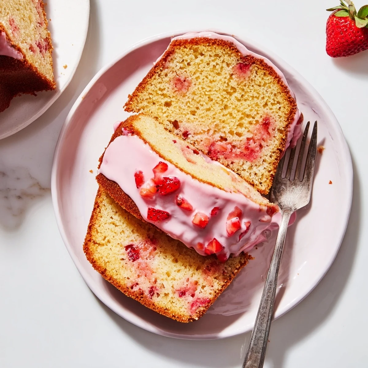 Slice of Moist Strawberry Milkshake Pound Cake served with whipped cream and fresh strawberries.