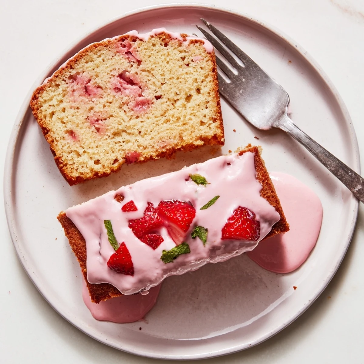 Freshly baked Moist Strawberry Milkshake Pound Cake with a moist crumb and pink strawberry glaze.