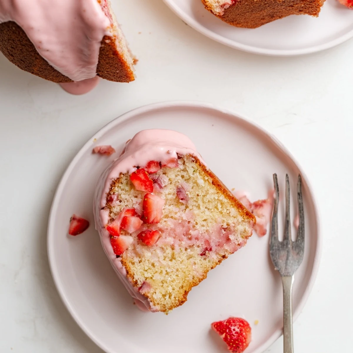 Moist Strawberry Milkshake Pound Cake on a cooling rack, sticky glaze dripping down sides.
